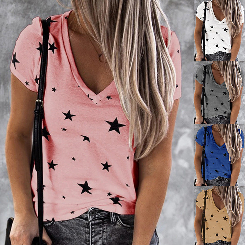 Damen T-Shirt V-Ausschnitt Sternenmotiv Lässig Weißen Norvielle - Norvielle