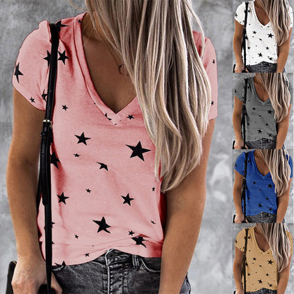 Damen T-Shirt V-Ausschnitt Sternenmotiv Lässig Weißen Norvielle - Norvielle