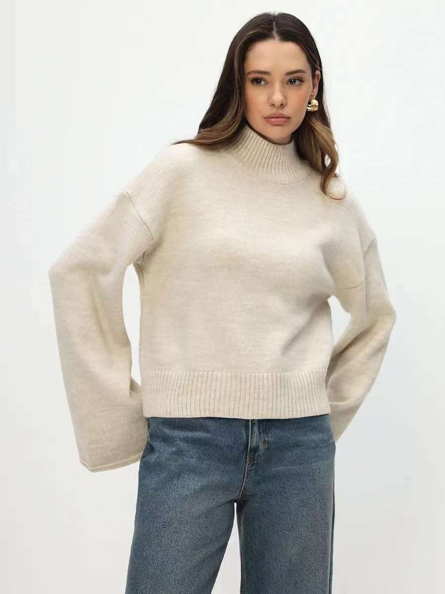 Damen Grobstrickpullover Stehkragen Voluminöse Ärmel Norvielle