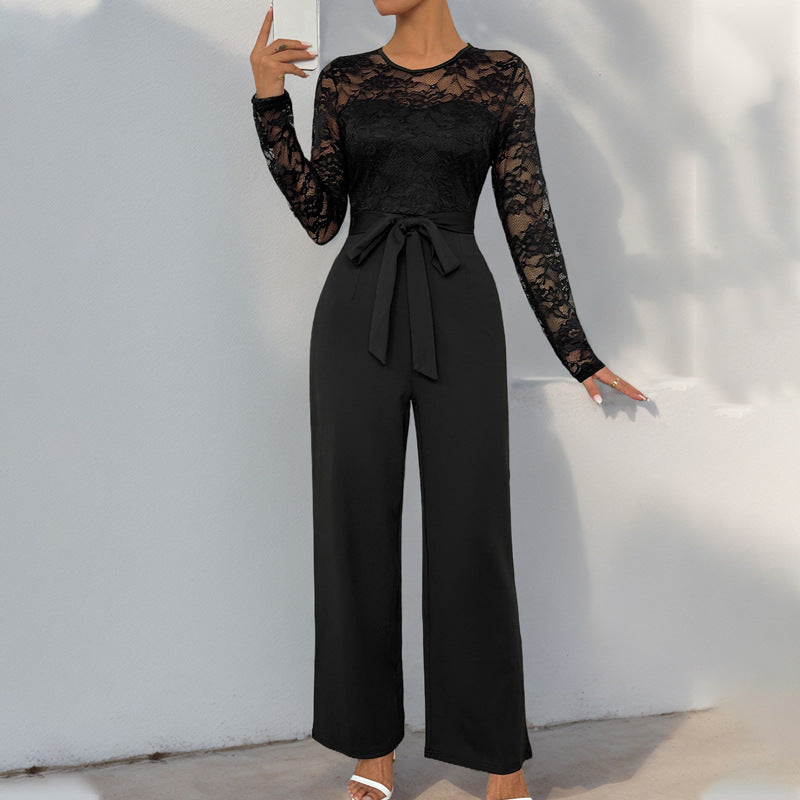 Damen Jumpsuit Spitzenoberteil Taillengürtel Norvielle