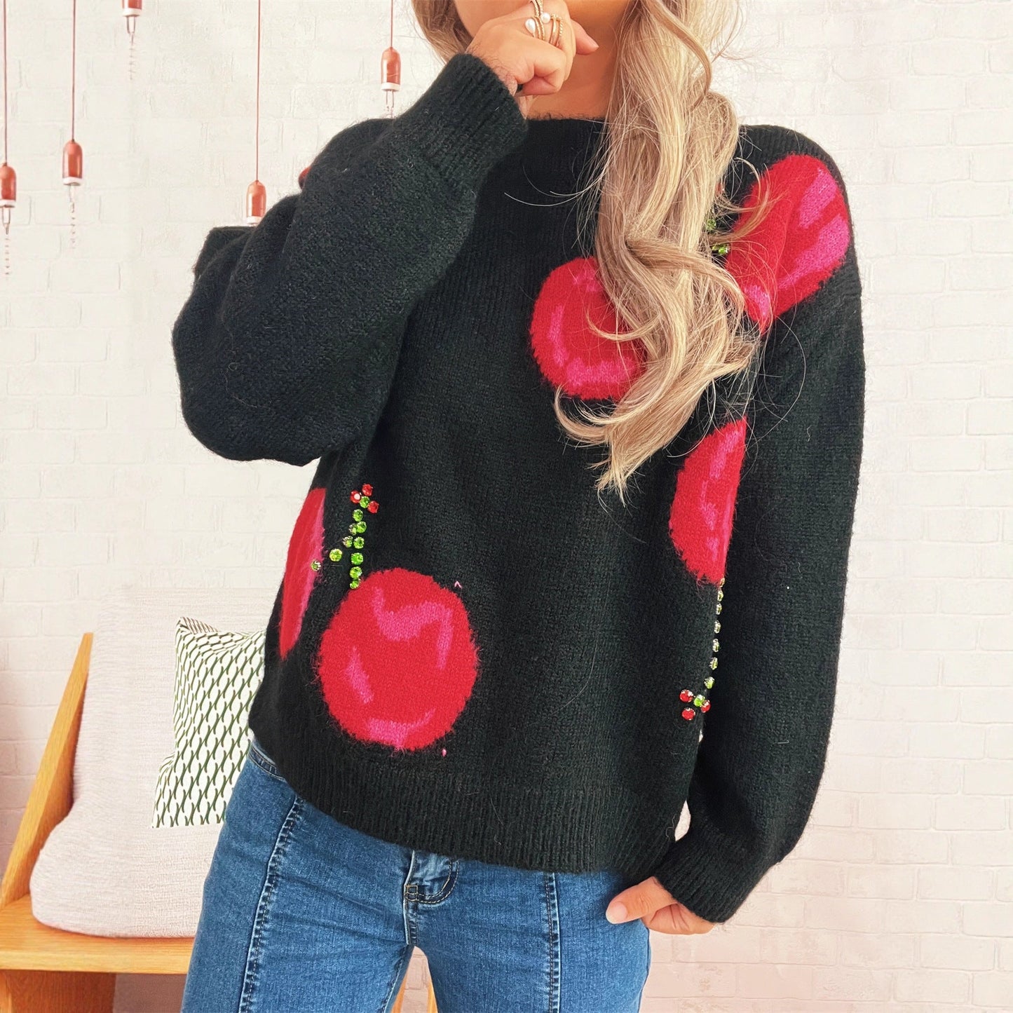 Damen Strickpullover Kuschelig Floralmuster Mit Glitzerakzenten