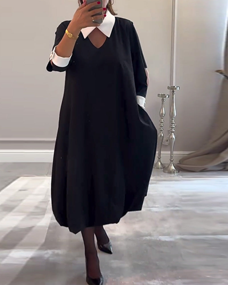 Damen Oversized Hemdkleid V-Ausschnitt Eleganter Kragen