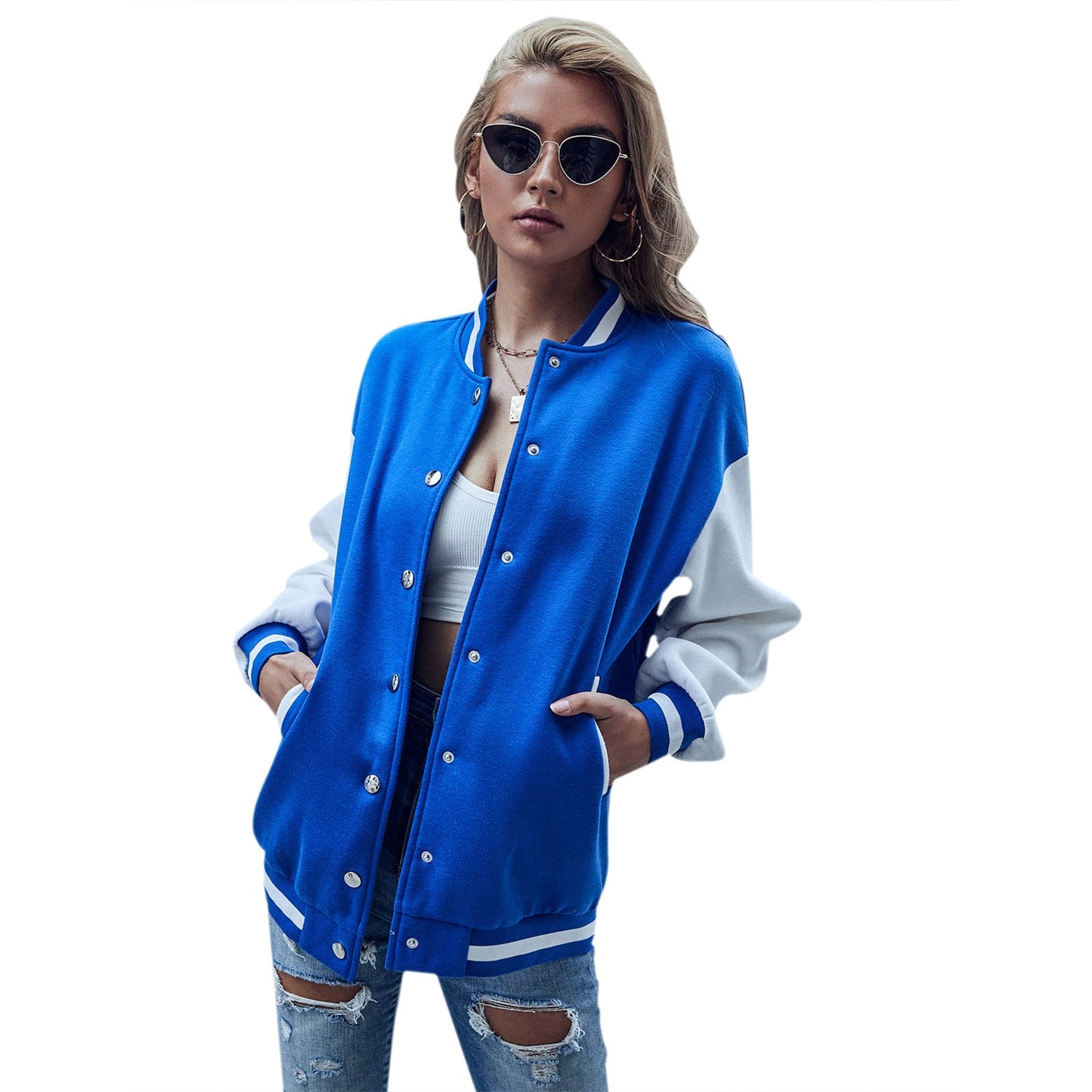Damen Baseballjacke Kontrastärmel Druckknopfverschluss Norvielle