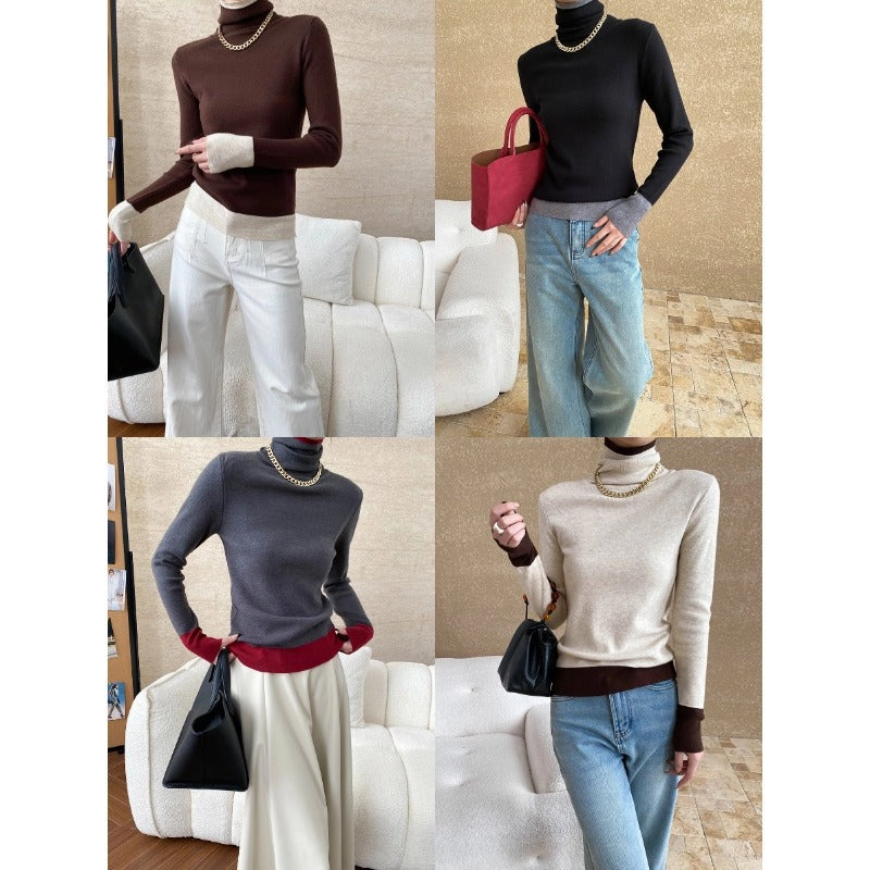 Damen Rollkragenpullover Kontrastärmel Norvielle