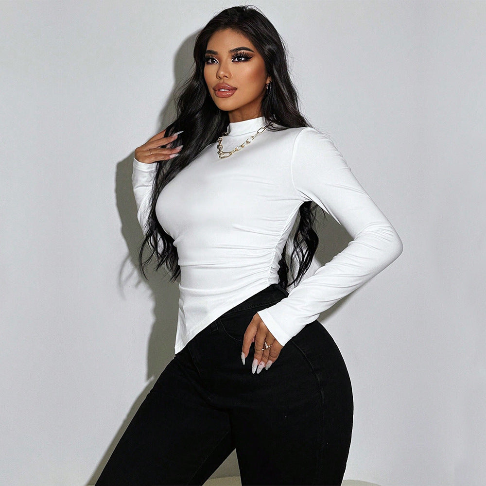 Damen Langarm- Asymmetrischer Saum Elegante Raffung