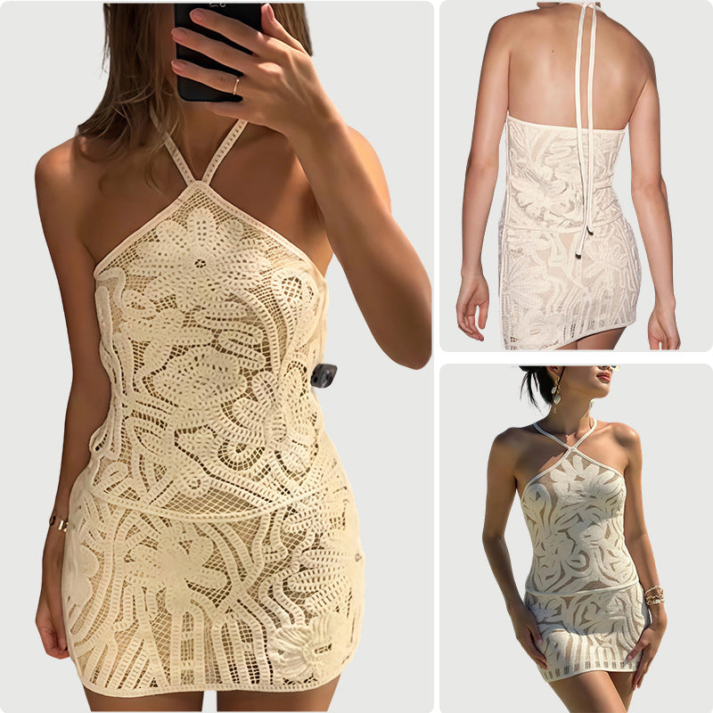 Damen Häkelkleid Kontrast-Blütenmuster Spaghettiträger Norvielle - Norvielle