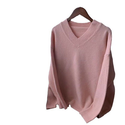 Damen V-Ausschnitt Pullover Grobgestrickt Oversized Ärmel Beige