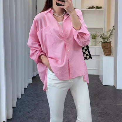 Damen Oversized Hemdbluse mit Brusttasche und subtiler Struktur - Norvielle
