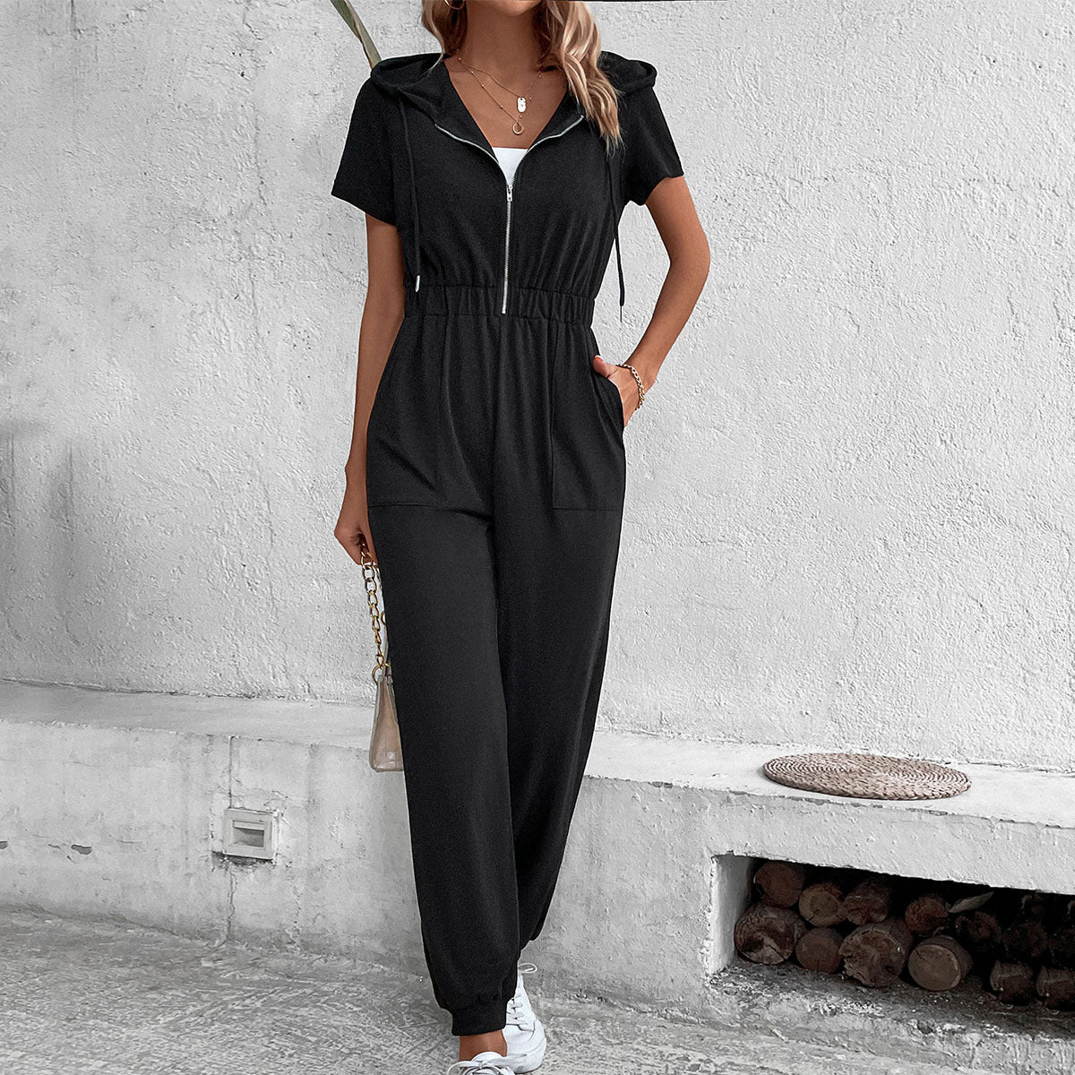 Damen Kapuzen-Jumpsuit elastisch mit Taschen Norvielle