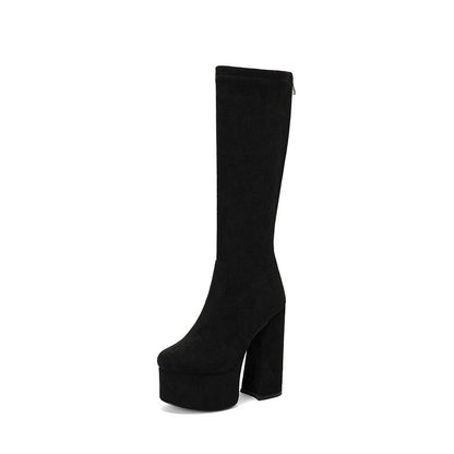 Damen Kniehohe Stiefel Wildleder Klobiger Absatz