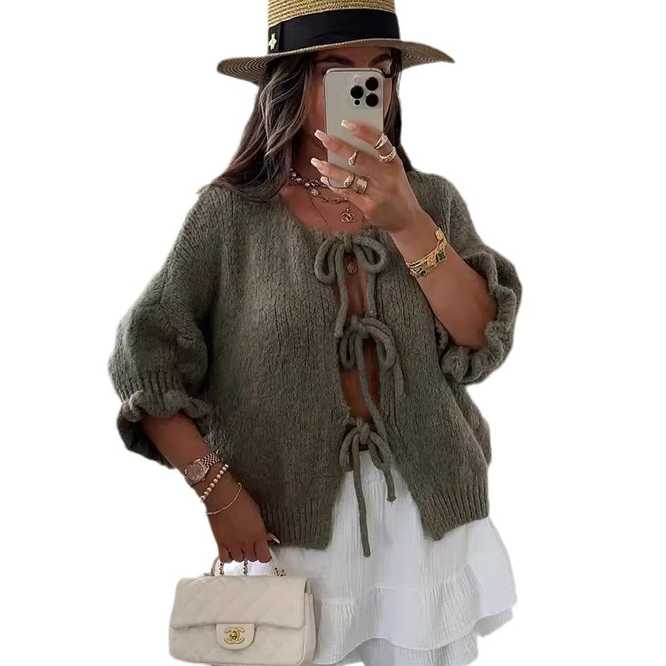 Damen Strickjacke Dekorativer Kordelzug Luftig Beige Norvielle