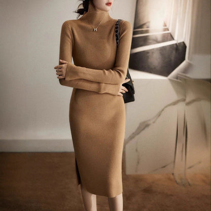 Damen Strickkleid Hochgeschlossener Kragen Rippmuster Beige