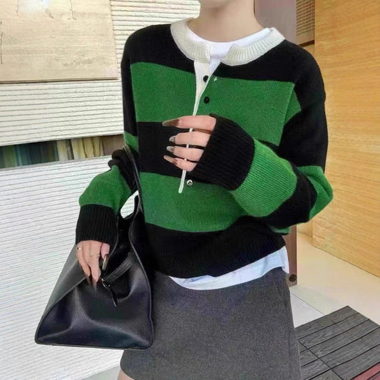 Damen Strickpullover Kurzärmelig Knopfleiste Kontraststreifen - Norvielle