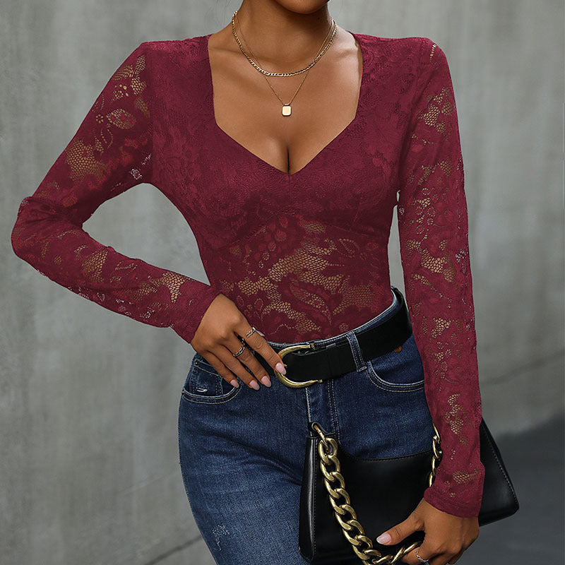 Damen Body Spitzenmuster V-Ausschnitt