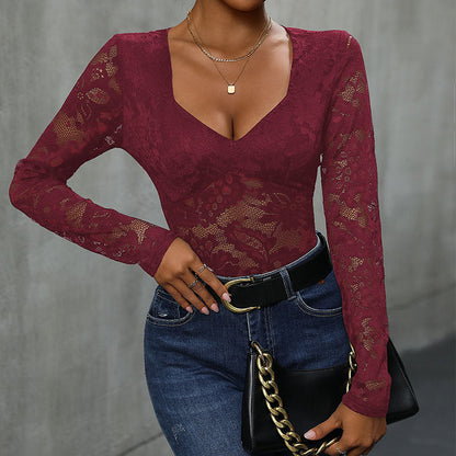 Damen Body Spitzenmuster V-Ausschnitt