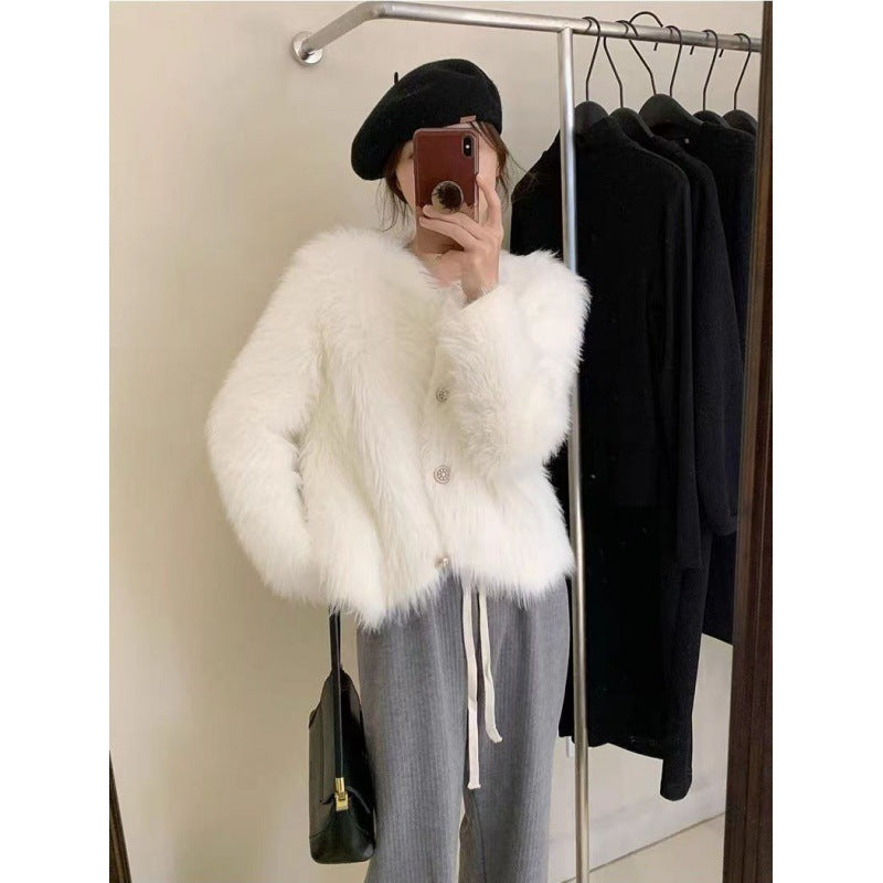 Damen Kurzjacke Flauschig Knopfdesign Schwarz - Norvielle