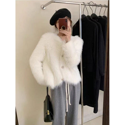 Damen Kurzjacke Flauschig Knopfdesign Schwarz - Norvielle
