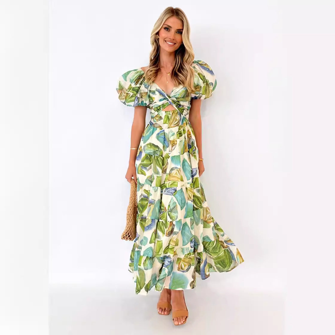 Damen Maxikleid Schulterfreies Design Puffärmel Norvielle