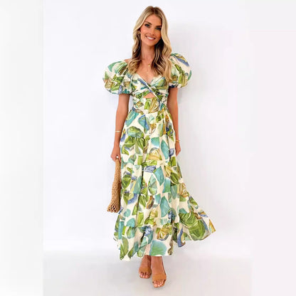 Damen Maxikleid Schulterfreies Design Puffärmel Norvielle