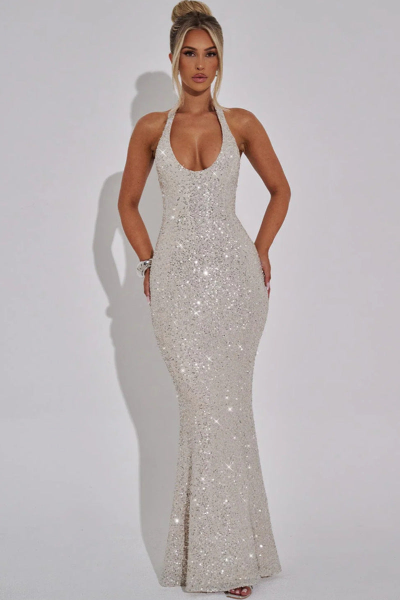 Damen Maxi-Kleid Pailletten V-Ausschnitt schmal Norvielle