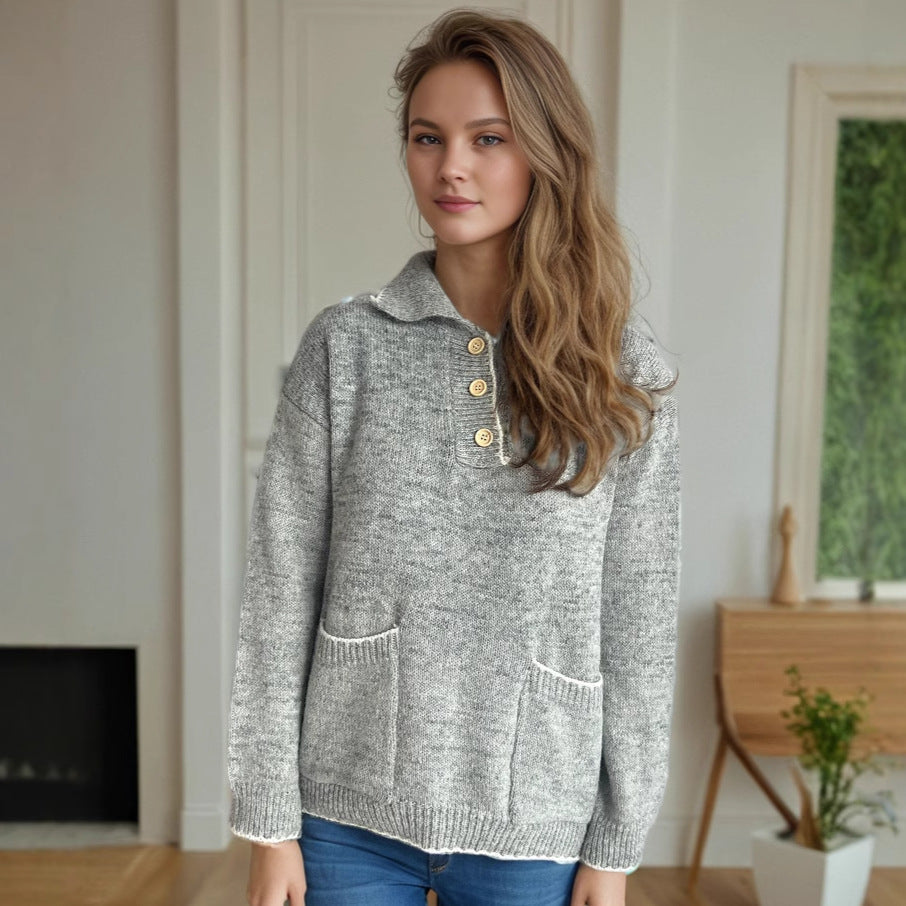 Damen Strickpullover Lässig Knopfleiste Taschen Beige