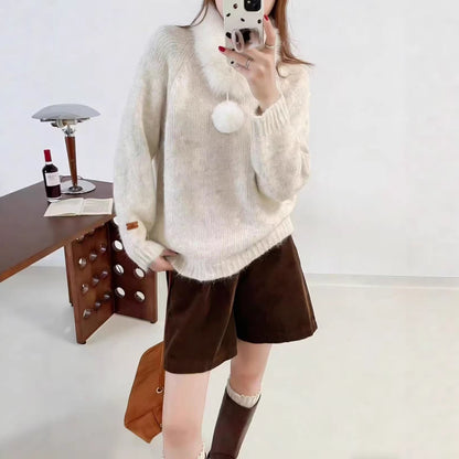 Damen Strickpullover Kuschelig Abnehmbarer Kragen Beige