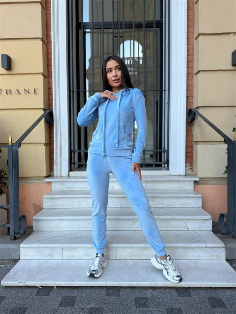Damen Velours Jogginganzug Mit Kapuze