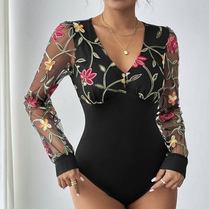 Damen Body mit bestickten Puffärmeln und V-Ausschnitt - Norvielle