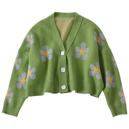 Damen Cardigan Grobstrick Floralmuster Knöpfe Beige