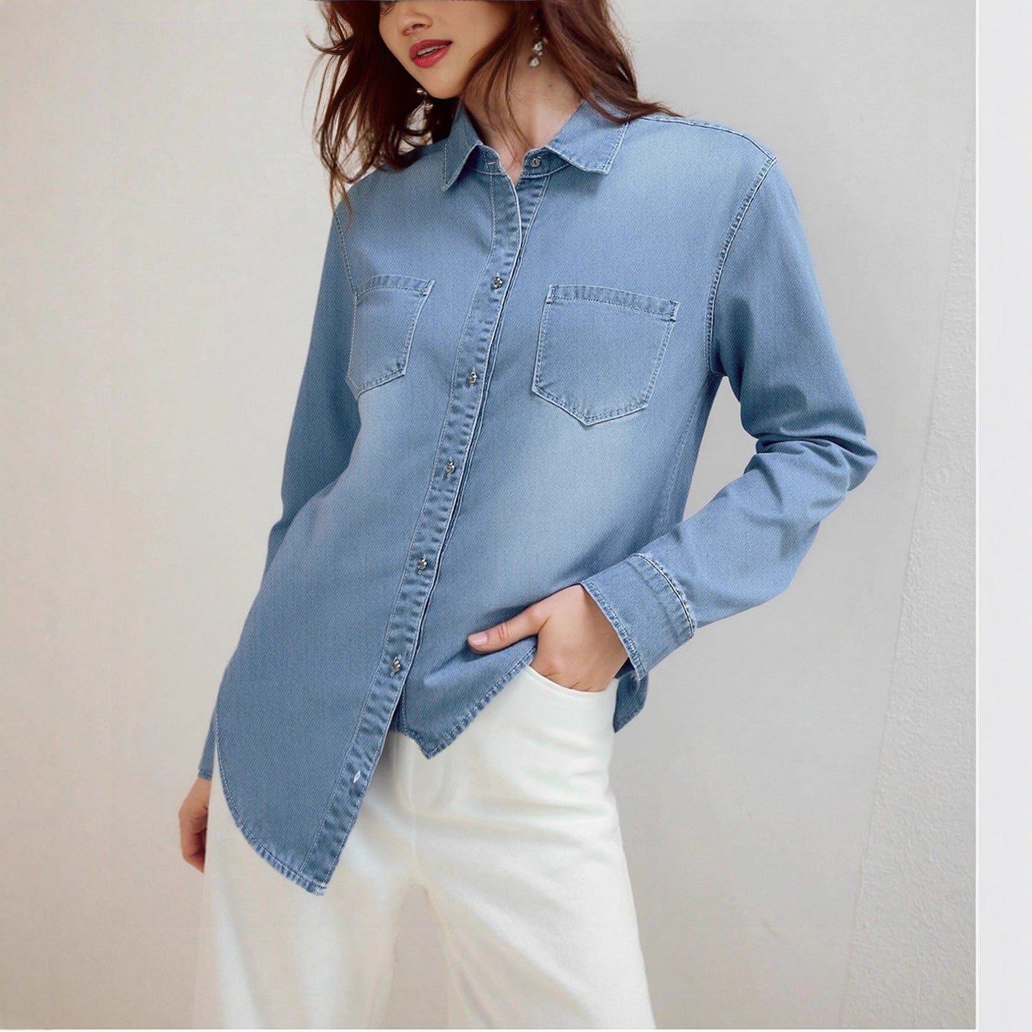 Damen Denim Hemd mit Brusttaschen und Knopfleiste