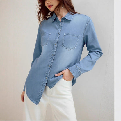Damen Denim Hemd mit Brusttaschen und Knopfleiste
