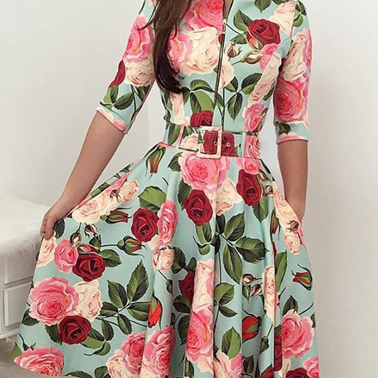 Damen Midikleid Floralmuster Mit Taillengürtel
