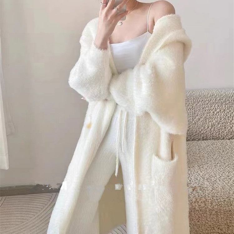 Damen Strickjacke Flauschig mit Taschen Lässig Beige