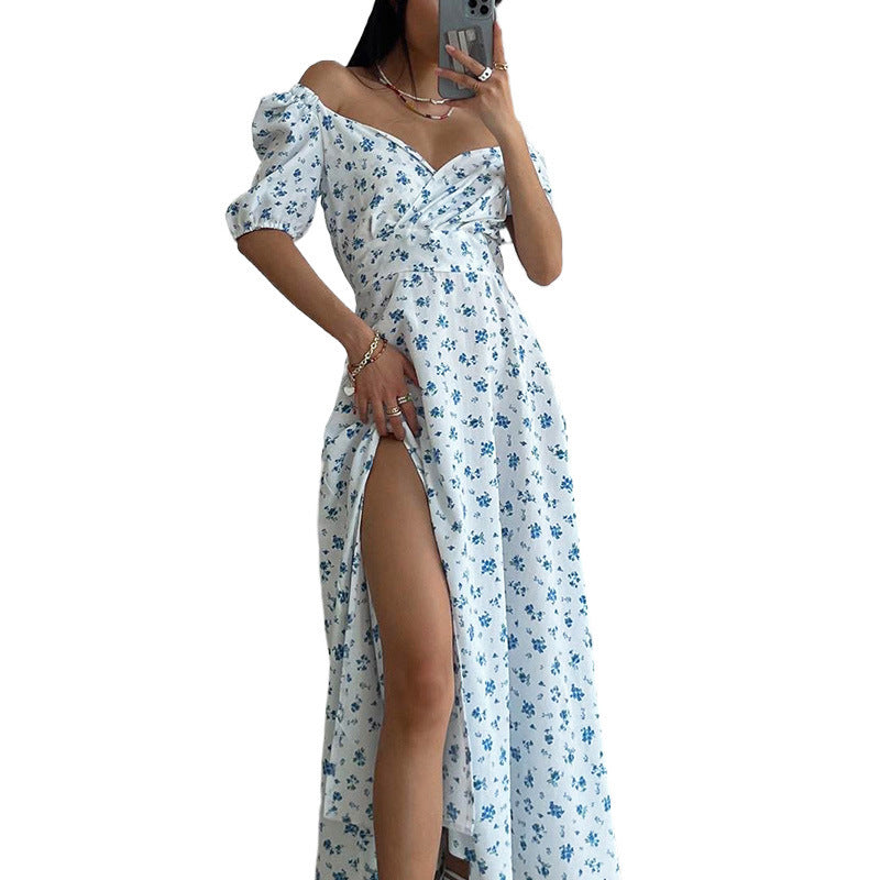 Damen Maxikleid Puffärmel Floralmuster
