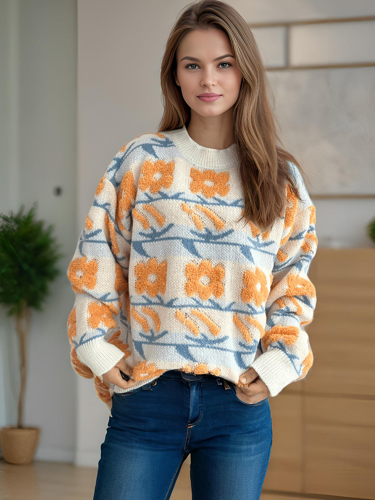 Damen Strickpullover Kuschelig Floral 3D-Applikationen Norvielle