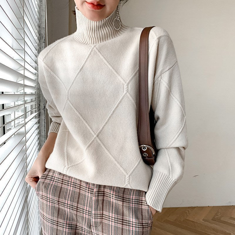 Damen Pullover Hochgeschlossener Kragen Strukturiertes Rautenmuster - Norvielle