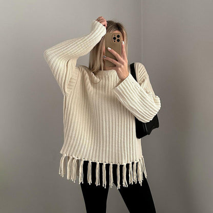 Damen Grobstrickpullover Weite Ärmel Fransen Beige
