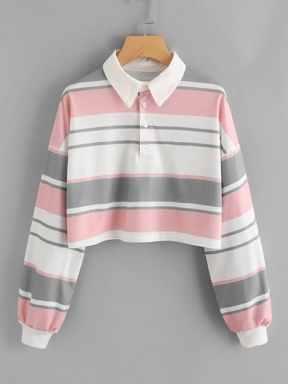 Damen Polo-Shirt Crop-Design Farbblockmuster Norvielle