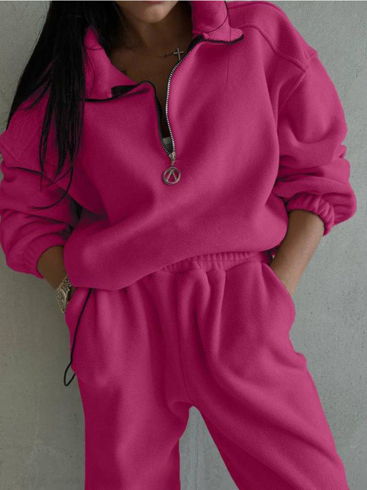 Damen Fleece-Loungewear-Set Elastischer Bund Halbzipper Beige
