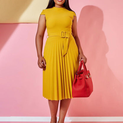 Damen Kleid Plissee mit Stehkragen und Taillengürtel