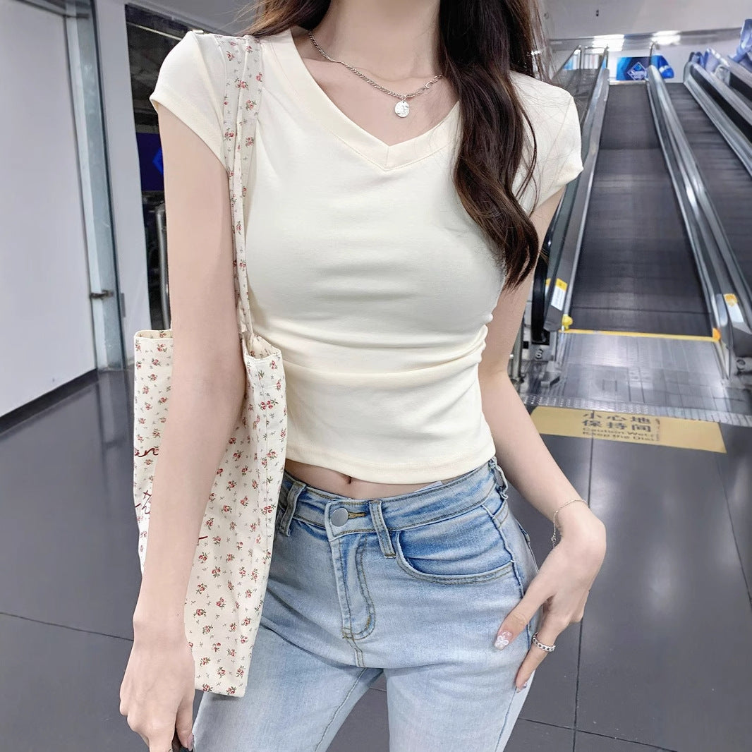 Damen Cropped T-Shirt V-Ausschnitt Figurbetont Weiß