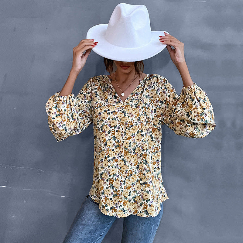 Damen Bluse Floralmuster Geraffte Ärmel Norvielle