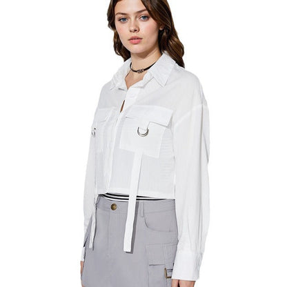 Damen Cropped Hemdbluse mit Taschen Modern