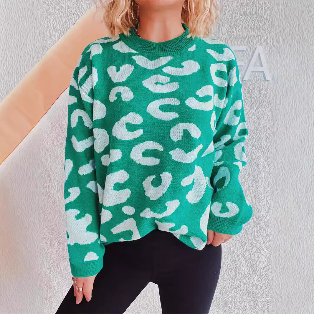 Damen Oversized Pullover Leopardenmuster Rundhals