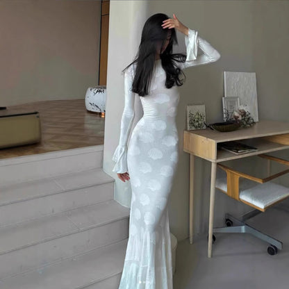 Damen Langkleid Figurbetont Muschel-Design Ärmelabschluss Elegant - Norvielle