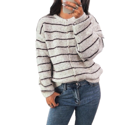Damen Strickcardigan mit Knöpfen Streifenmuster Beige