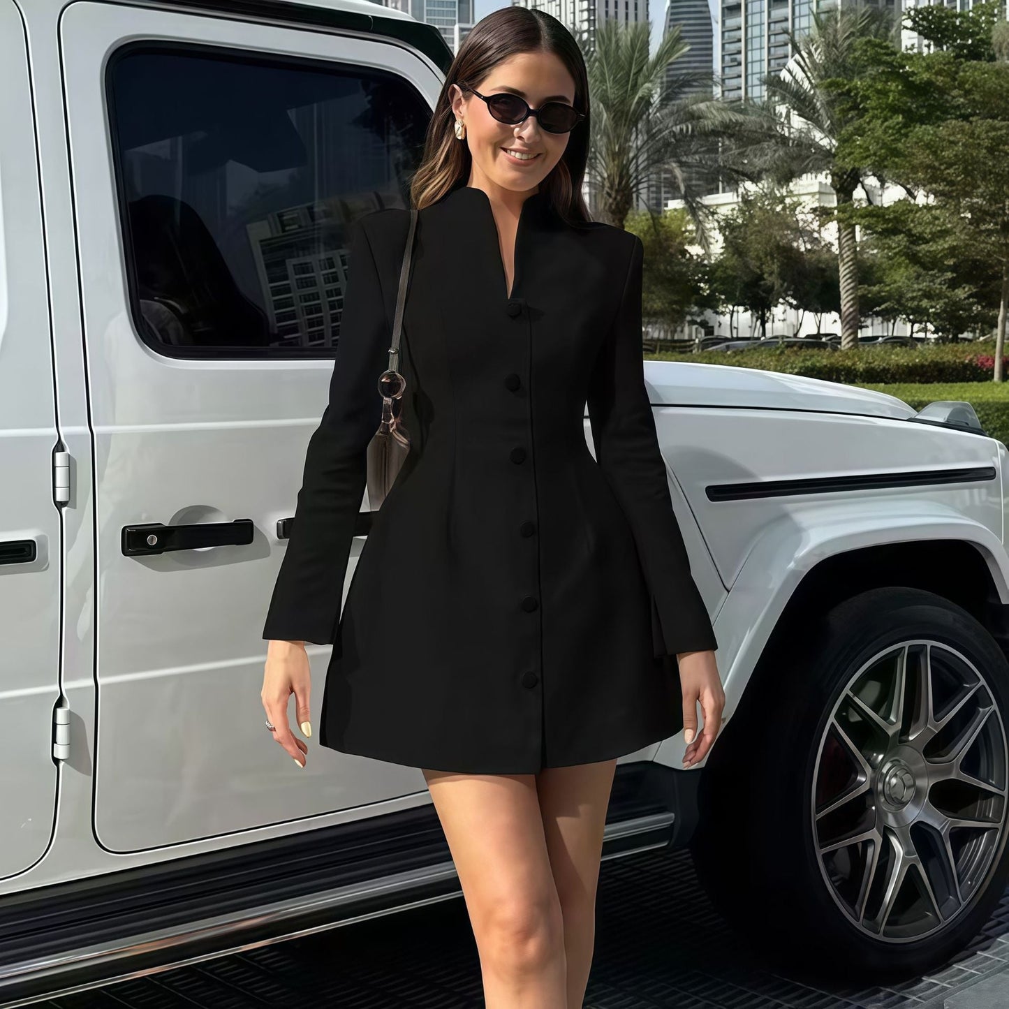 Damen Mini-Kleid Strukturiertes Design Knöpfe