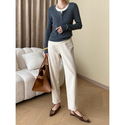 Damen Langarm-Henley-Pullover Feine Rippstruktur Beige