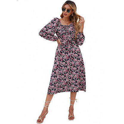 Damen Midikleid mit Puffärmeln Floralmuster