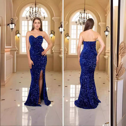 Damen Abendkleid Schulterfrei Pailletten